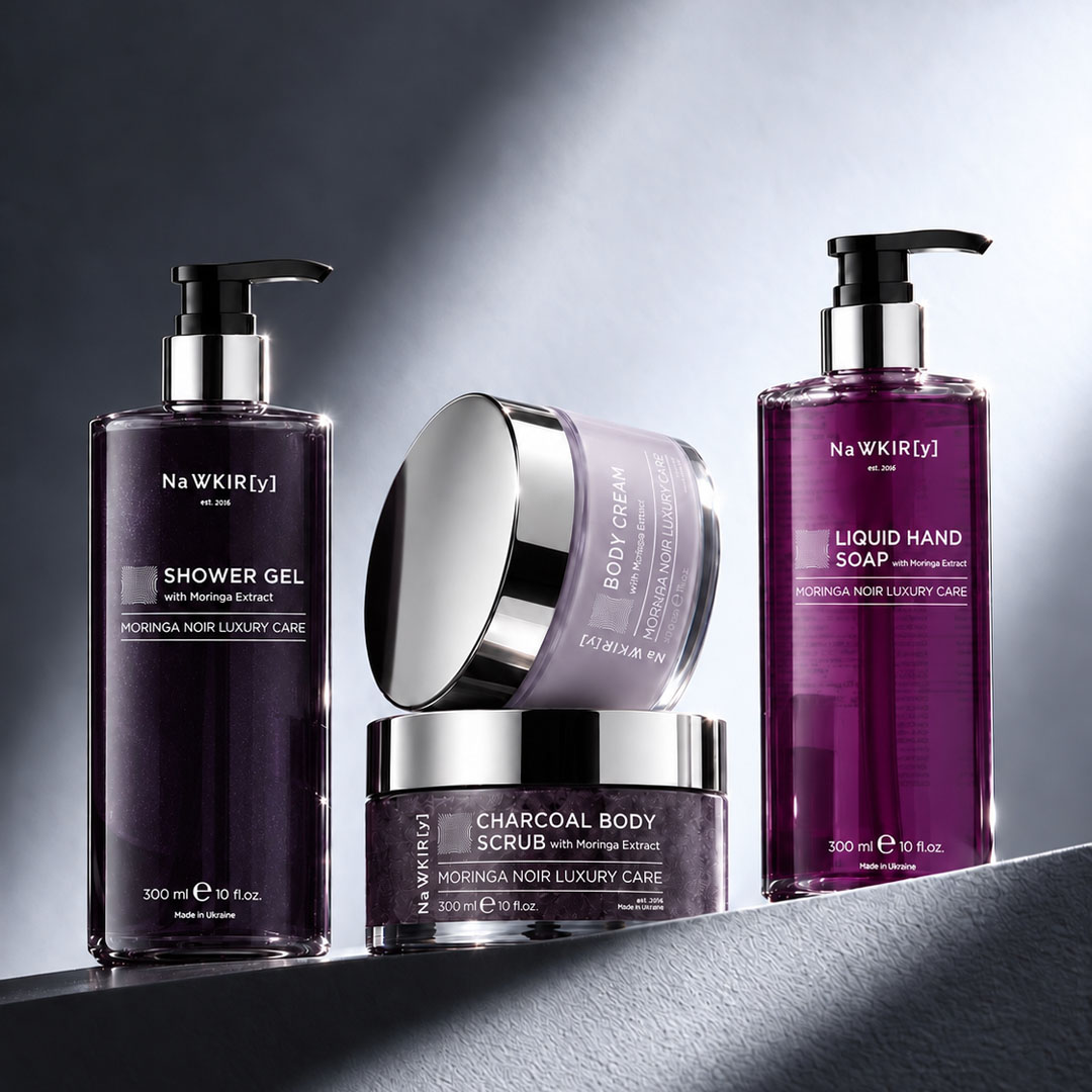 Колекція Moringa Noir Luxury Care Na WKIR[y] з екстрактом морінги — гель, скраб, крем і рідке мило